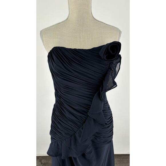 Andrew Adela Formal Evening Dress Womens Size 12/14 Chiffon Rosette Navy Blue - Picture 3 of 14